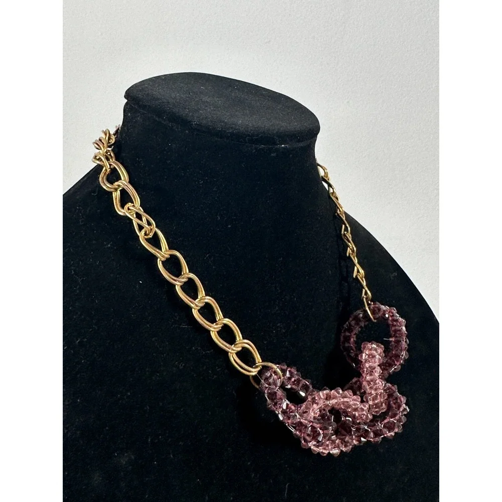 Vintage Statement Necklace‎ Fashion Jewelry Beaded Purple Gone Tone Chain
